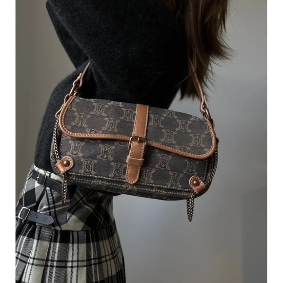 Authentic Celine Ava Macadam Denim Pochette Baguette bag - Picture 1 of 14